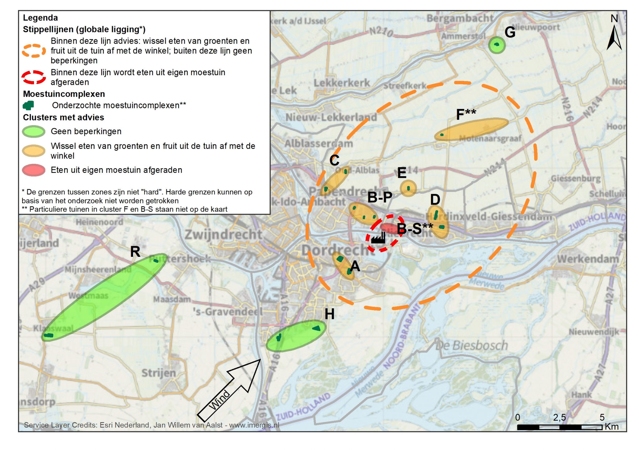 Kaart onderzochte moestuinen PFAS (met stippellijn)